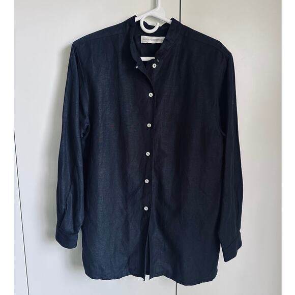 Vintage 90s Minimalist Linen Black Blouse Size 10P Long Sleeve Mock Collar Chic - Picture 2 of 9